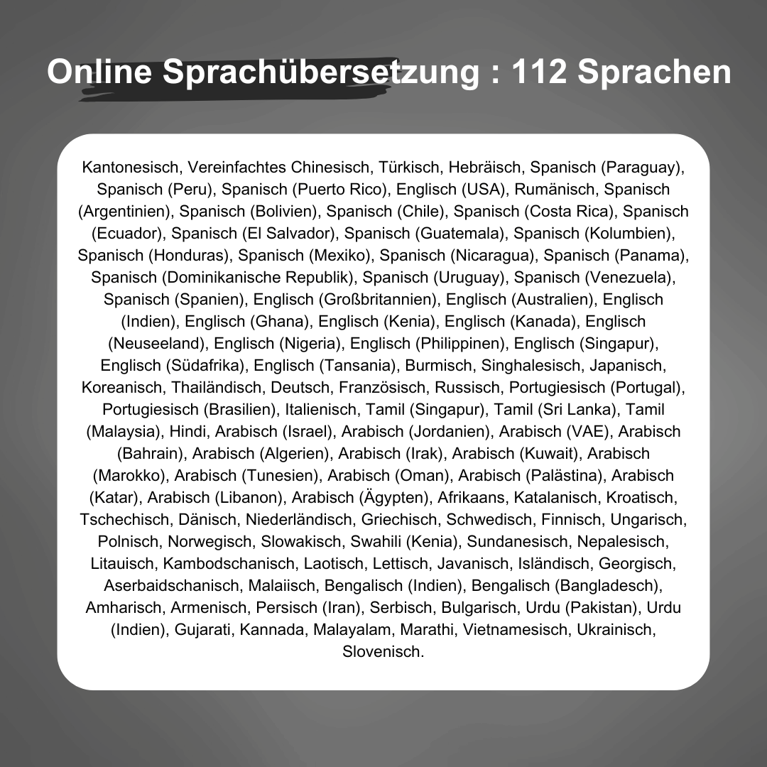 Auflistung von 112 Sprachen welche online übersetzt werden